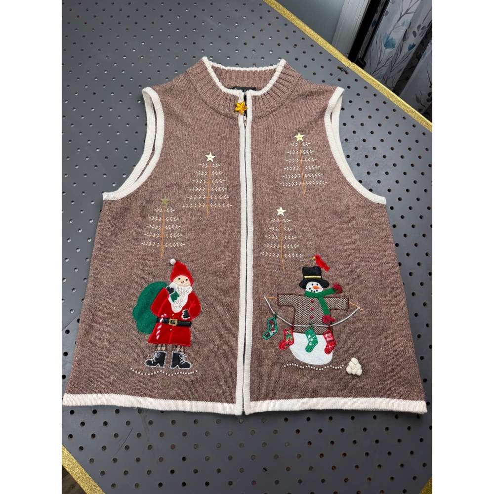 Vtg Designers Originals Studio Joy Brown Christmas Sweater Vest Santa Snowman XL